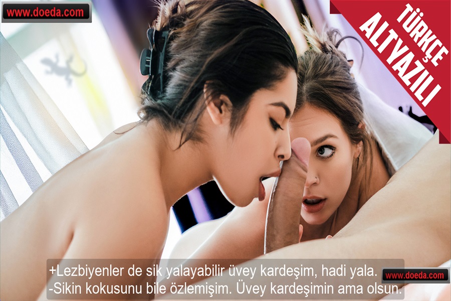 Lezbiyen Üvey Kardeşlerini Sevişirken Görünce Onlara Sikini Emdirdi